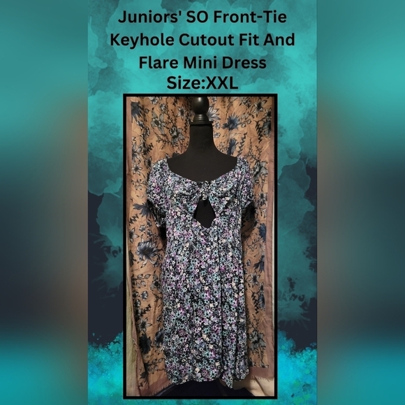 Juniors' SO Front-Tie Keyhole Cutout Fit & Flare Floral Mini Dress - Size XXL - Picture 1 of 11